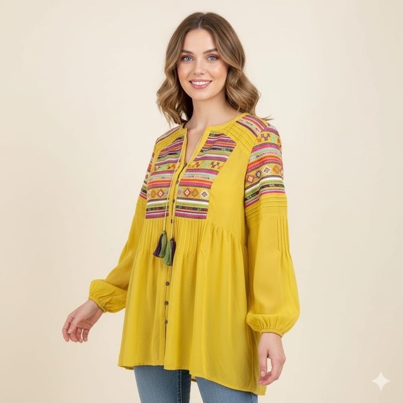 Double D Ranch Embroidered Chiffon Blouse Tunic Mustard Yellow Size 2X